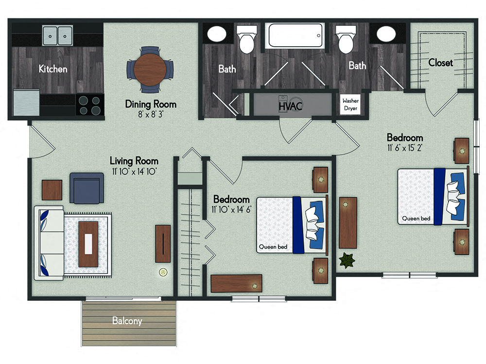 Floor plan for 2 beds, 2 baths, 900 sqft